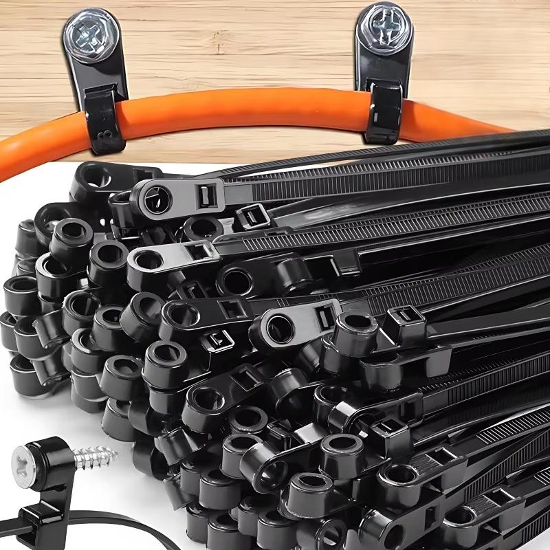 100PCS Screw Hole Cable Ties Reusable Fixed Nylon Cable Ties Self-locking Cord Ties