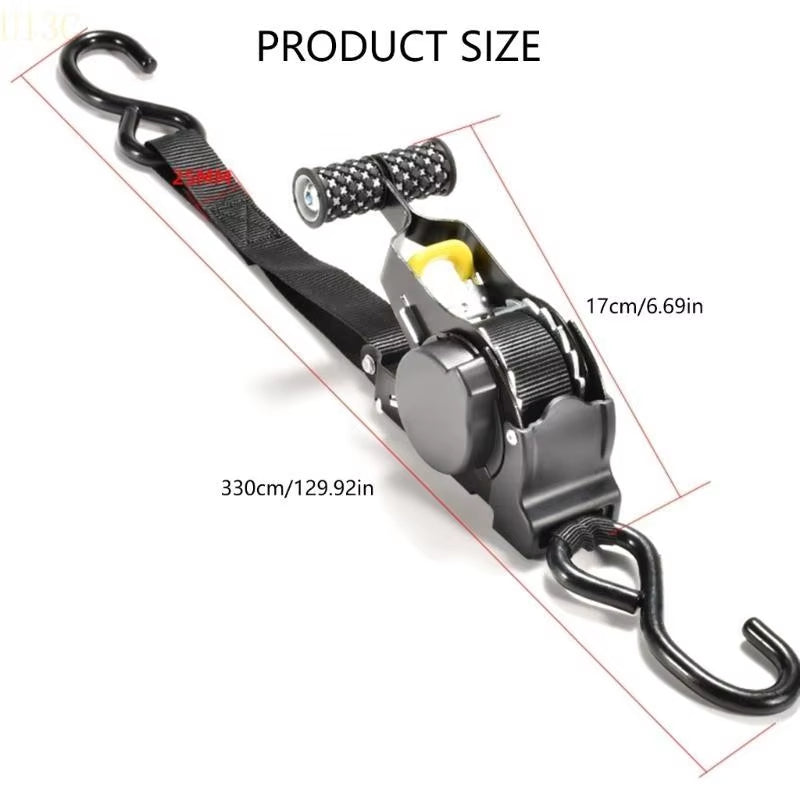 Adjustable Length Ratchet Strap Tie Down Strap for Motorcycle Car Pickup Truck & Vehicle Use Automatic Recycling Tensioner