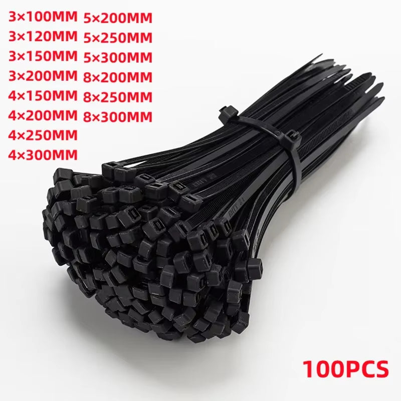 Self-locking Plastic Nylon Tie 100 PCS Black Cable Tie Zip Wraps Strap Nylon Cable Tie Set