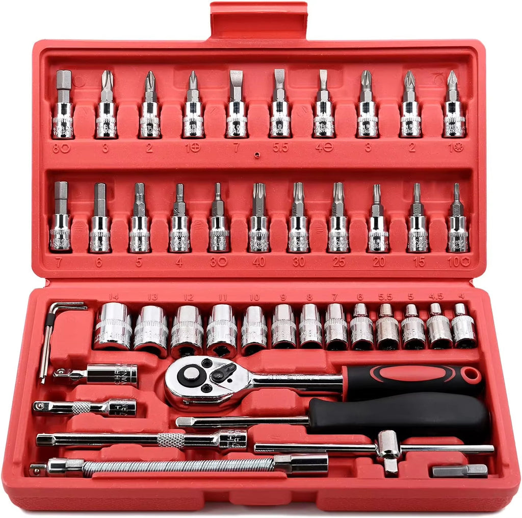 46 Pieces 1/4 Inch Drive Socket Ratchet Wrench Set, With Bit Socket Set, Metric And Extension Bar For Auto Repairing