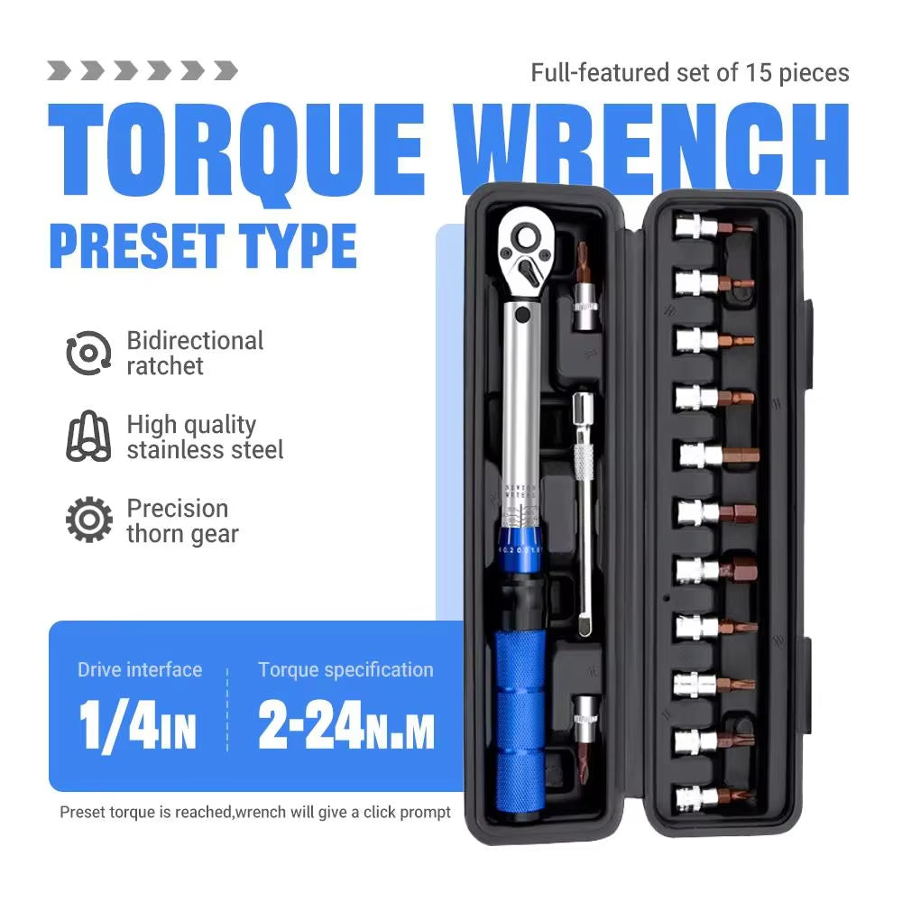 High-Precision Torque Wrench Set 2-24N·m 1/4inch Dual-Direction Ratchet With 13Pcs Sockets For Vehicles/Bike/Machine Maintenance