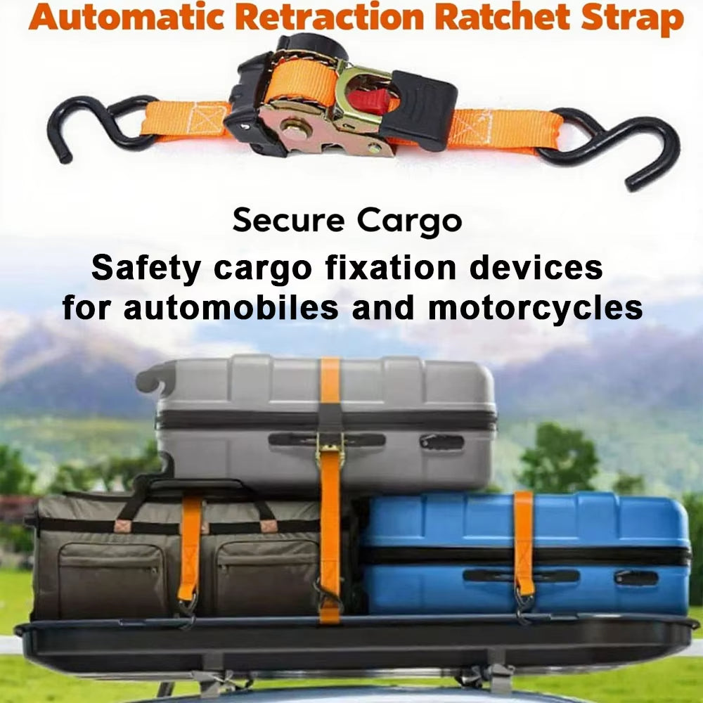 Motorcycle/Car Automatic Retracting Tie-Down Luggage Ratchet Strap with Telescopic Double S-Hook Multi-Purpose Fastening Strap
