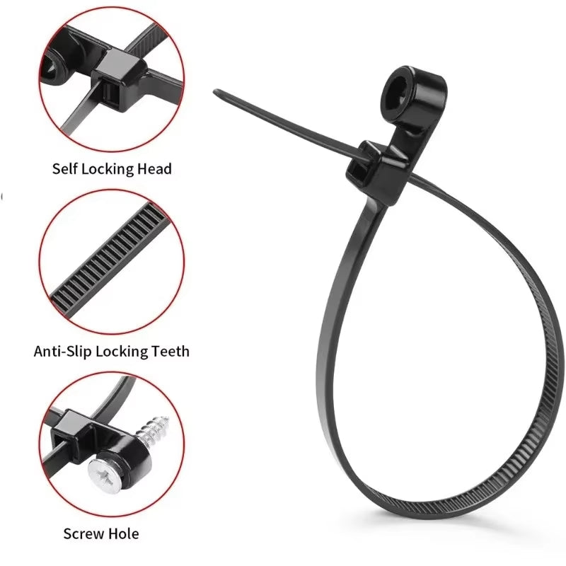 100PCS Screw Hole Cable Ties Reusable Fixed Nylon Cable Ties Self-locking Cord Ties
