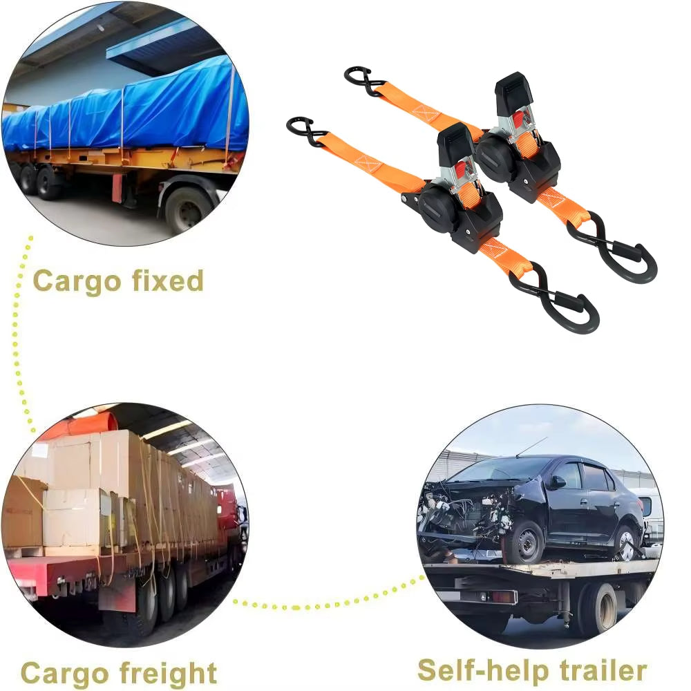Motorcycle/Car Automatic Retracting Tie-Down Luggage Ratchet Strap with Telescopic Double S-Hook Multi-Purpose Fastening Strap