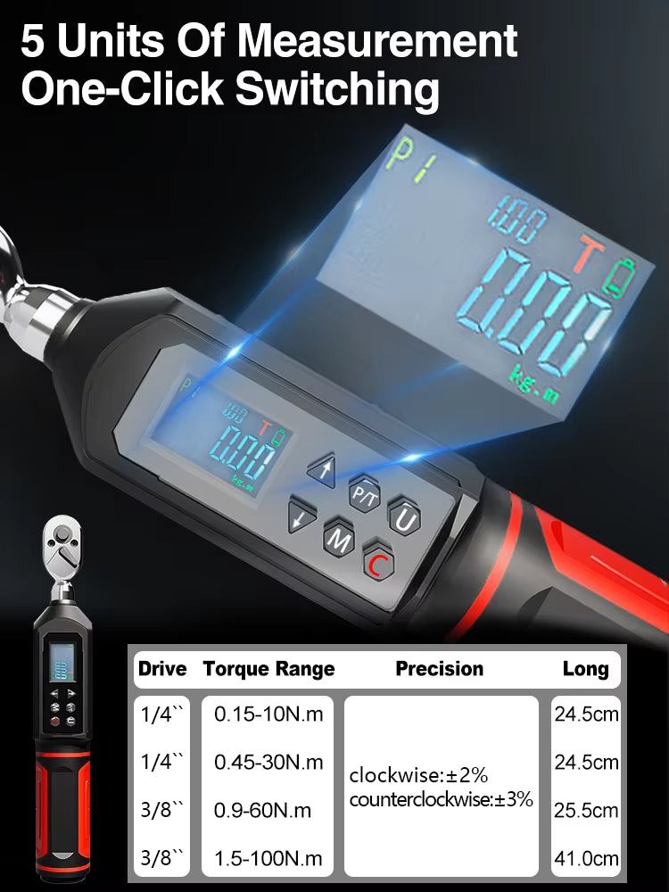 Digital Torque Wrench 0.15-100 N.m 2% Accuracy Preset & LED/Buzzer Alerts for Bike Motorcycles Automotive Wrench Tool