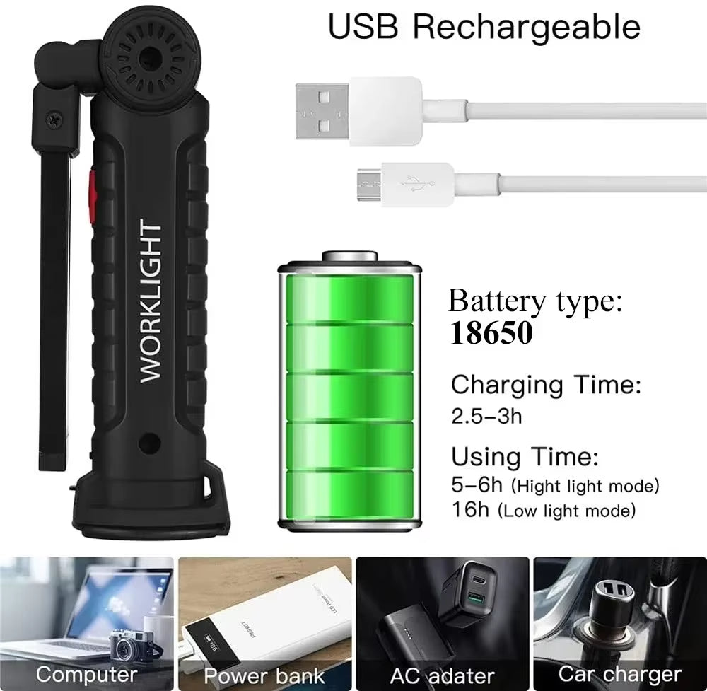 COB LED Work Light USB Rechargeable Magnetic Flashlight Super Bright Folding Lantern for Camping Emergency Car Repair with Hook