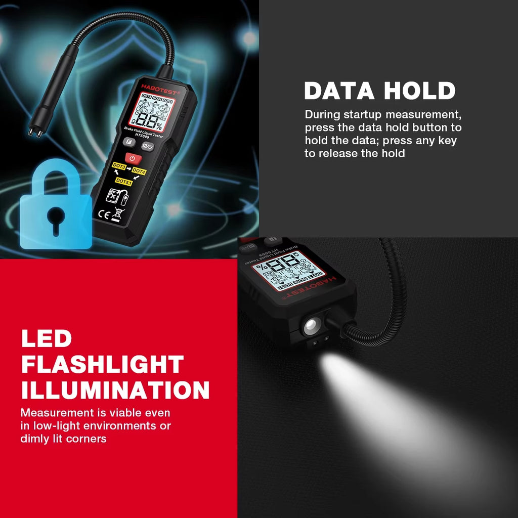 Digital Brake Fluid Tester Auto Car Brake Oil Moisture Detector DOT3/DOT4/DOT5.1 with Backlight Flexible Probe Brake Oil Tester