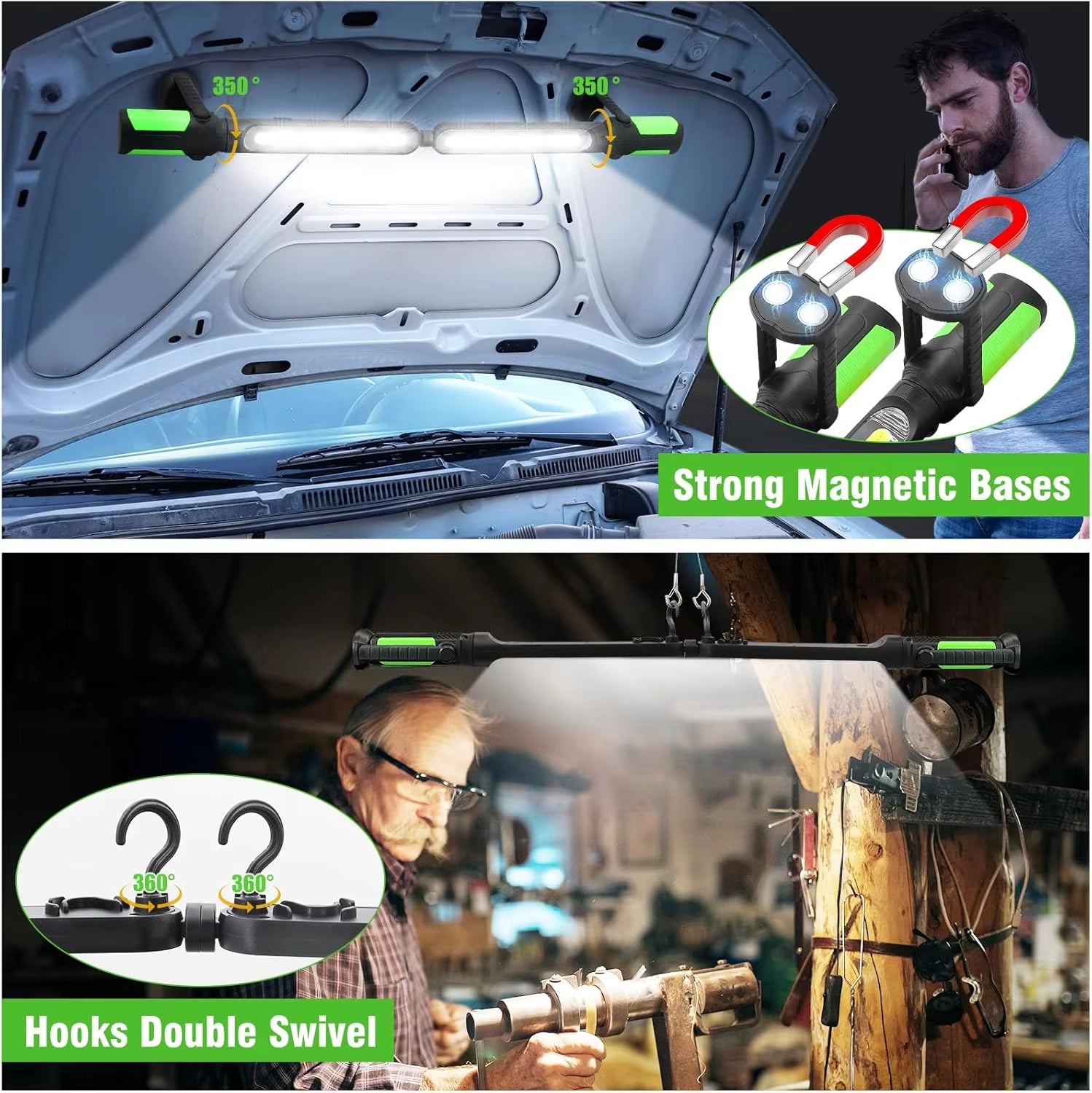 Magnetic Swivel Hook Rechargeable LED Work Light for Automotive Repair Under Hood Lighting Mechanic Garage Workshop Tools