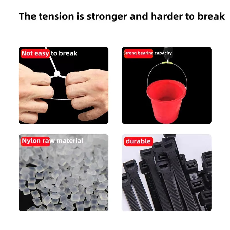 Self-locking Plastic Nylon Tie 100 PCS Black Cable Tie Zip Wraps Strap Nylon Cable Tie Set