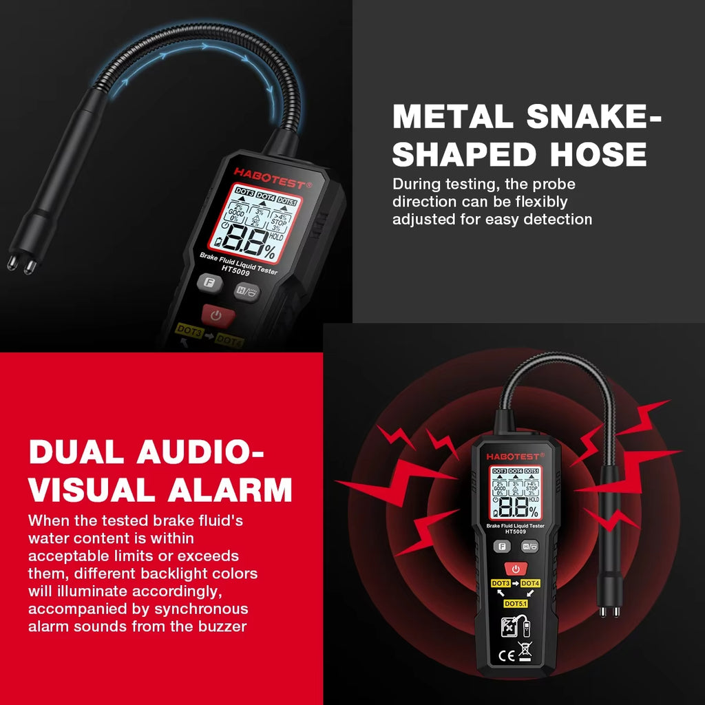 Digital Brake Fluid Tester Auto Car Brake Oil Moisture Detector DOT3/DOT4/DOT5.1 with Backlight Flexible Probe Brake Oil Tester