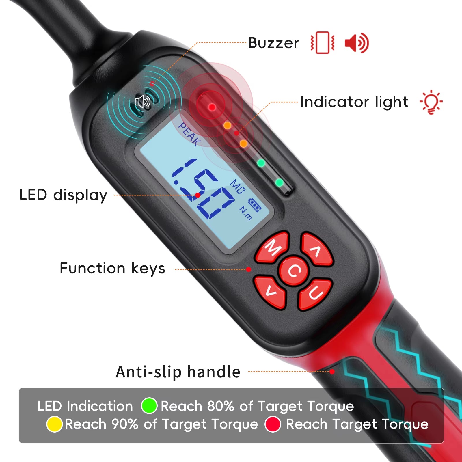 0.6-340Nm Digital Torque Wrench ±2% High Accuracy Dual-Direction Ratchet Buzzer and LED Alarm for Precision Measureme