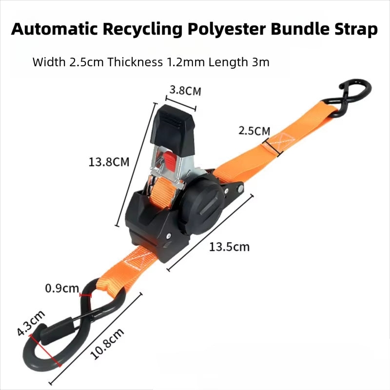 Motorcycle/Car Automatic Retracting Tie-Down Luggage Ratchet Strap with Telescopic Double S-Hook Multi-Purpose Fastening Strap