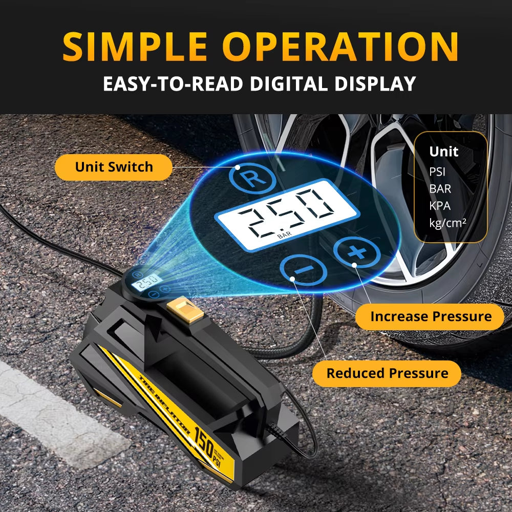 Corded Portable Car Air Pump Upgraded 12V 150PSI Electric Tire Inflator Pump Motorcycle Bike Ball LED Light Car Air Compressor