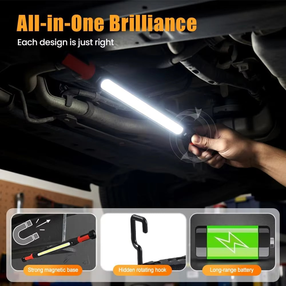 High Lumen Rechargeable LED Work Light for Car Emergency Repair, Powerful Magnetic Flashlight with Hooks and Magnetic Base