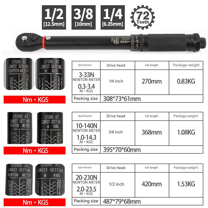 72T Torque Wrench 1/2'' 3/8'' 1/4'' Square Drive Preset Bicycle Torques Key Two-way Ratchet Car Bike Automotive Hand Tools