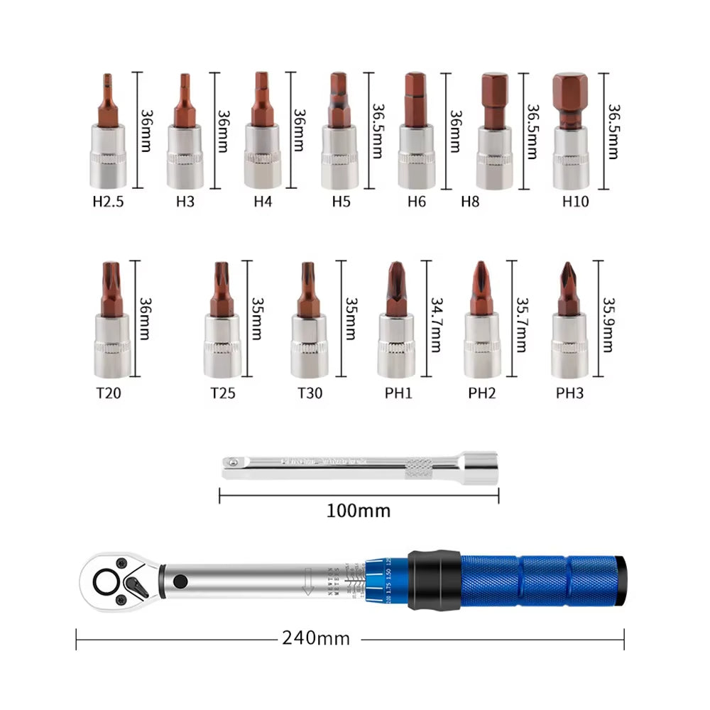 High-Precision Torque Wrench Set 2-24N·m 1/4inch Dual-Direction Ratchet With 13Pcs Sockets For Vehicles/Bike/Machine Maintenance
