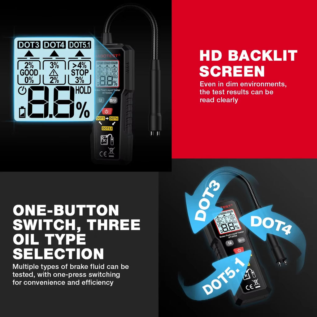 Digital Brake Fluid Tester Auto Car Brake Oil Moisture Detector DOT3/DOT4/DOT5.1 with Backlight Flexible Probe Brake Oil Tester