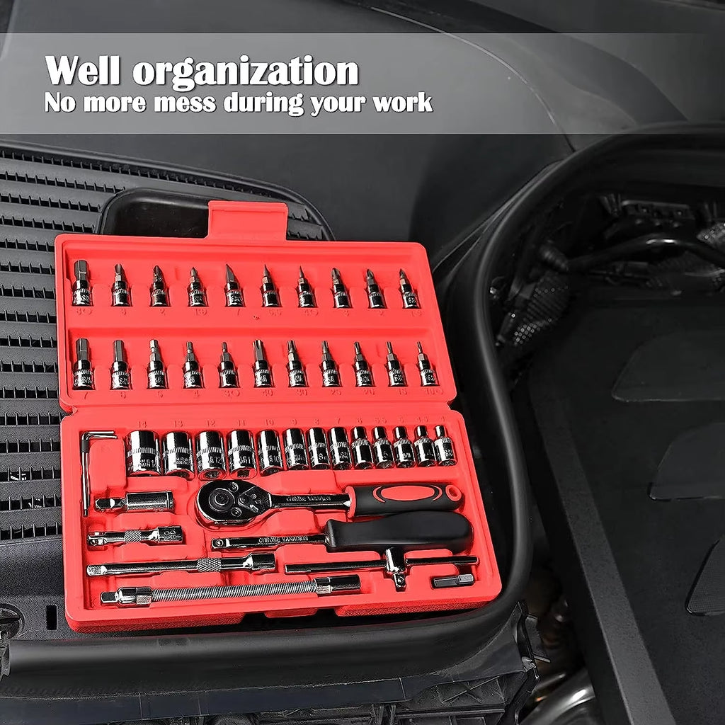 46 Pieces 1/4 Inch Drive Socket Ratchet Wrench Set, With Bit Socket Set, Metric And Extension Bar For Auto Repairing
