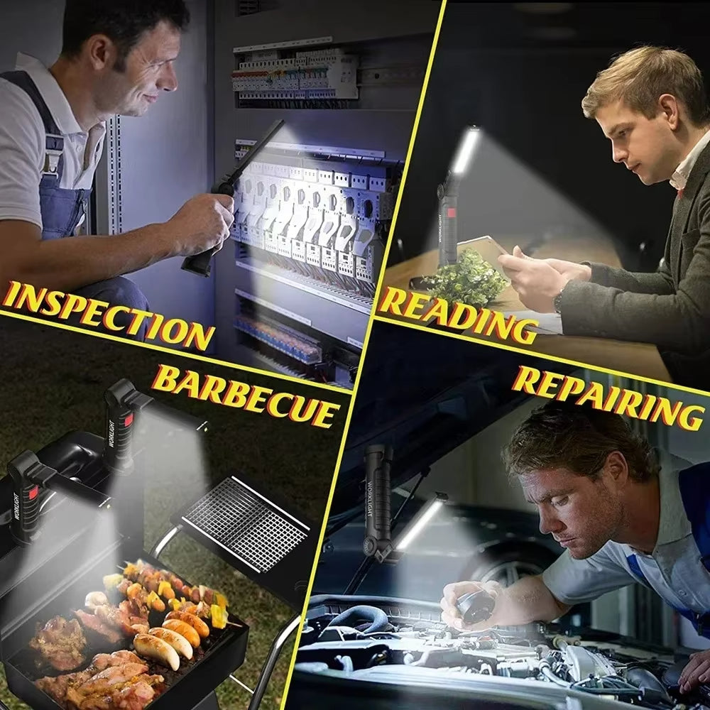 COB LED Work Light USB Rechargeable Magnetic Flashlight Super Bright Folding Lantern for Camping Emergency Car Repair with Hook