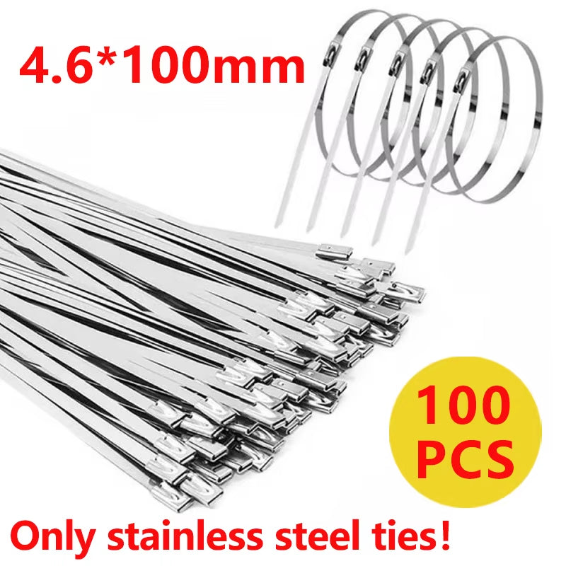 100Pcs 304#Stainless Steel Cable Ties 4.6mm Heavy Duty Self-Locking Cable Zip Tie