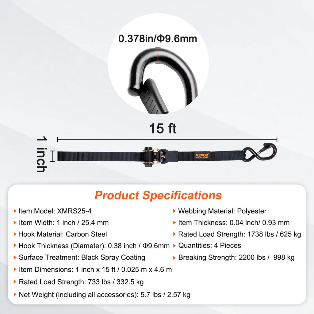 4pcs Trailer Ratchet Tie Down Straps with Padded Handles Hook Brake Binding Belt for Moving Securing Cargo Motorcycle