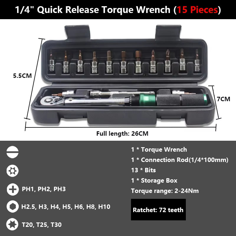 1/4'' Drive 2-24N.m Precise Double Scale Torque Wrench Set MTB Bike Socket Spanner Bicycle Motorcycle Ratchet Repair Toolbox Kit