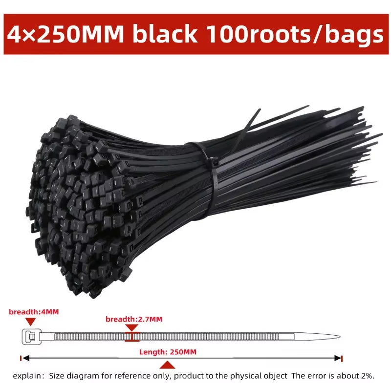 Self-locking Plastic Nylon Tie 100 PCS Black Cable Tie Zip Wraps Strap Nylon Cable Tie Set