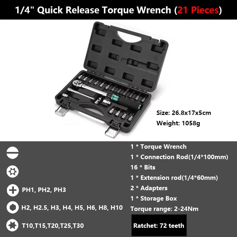 1/4'' Drive 2-24N.m Precise Double Scale Torque Wrench Set MTB Bike Socket Spanner Bicycle Motorcycle Ratchet Repair Toolbox Kit