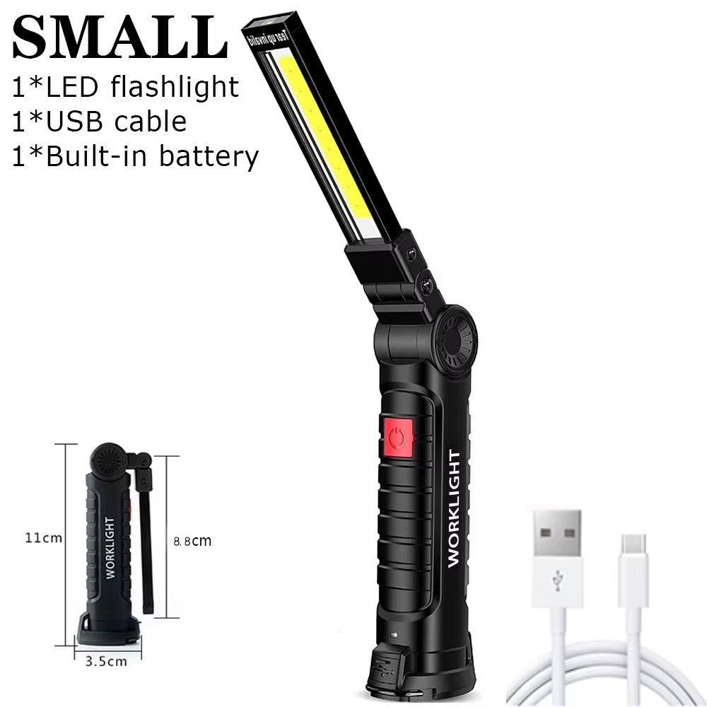 COB LED Folding Flashlight Portable Magnetic Work Light Lantern USB Rechargeable Emergency Repair Camping Torch Lamp With Hook