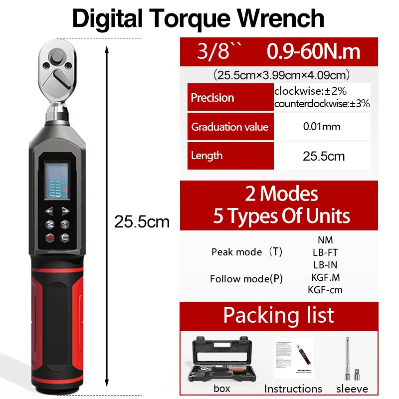 Digital Torque Wrench 0.15-100 N.m 2% Accuracy Preset & LED/Buzzer Alerts for Bike Motorcycles Automotive Wrench Tool