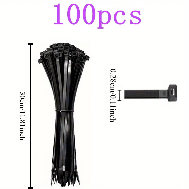 100pcs Black Cable Ties High Tensile Strength, Uv Resistant, Self-Locking For Home & Office Cord Management