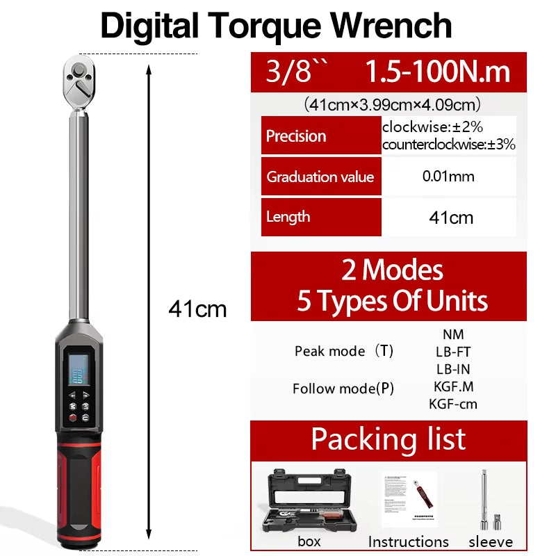 Digital Torque Wrench 0.15-100 N.m 2% Accuracy Preset & LED/Buzzer Alerts for Bike Motorcycles Automotive Wrench Tool
