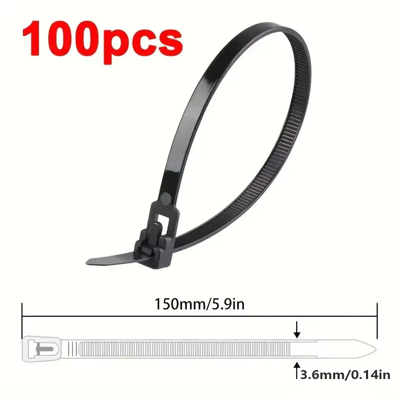 100Pcs Reusable Nylon Cable Ties 3.6x150mm, Lock Loop, Removable for Home Office Organization